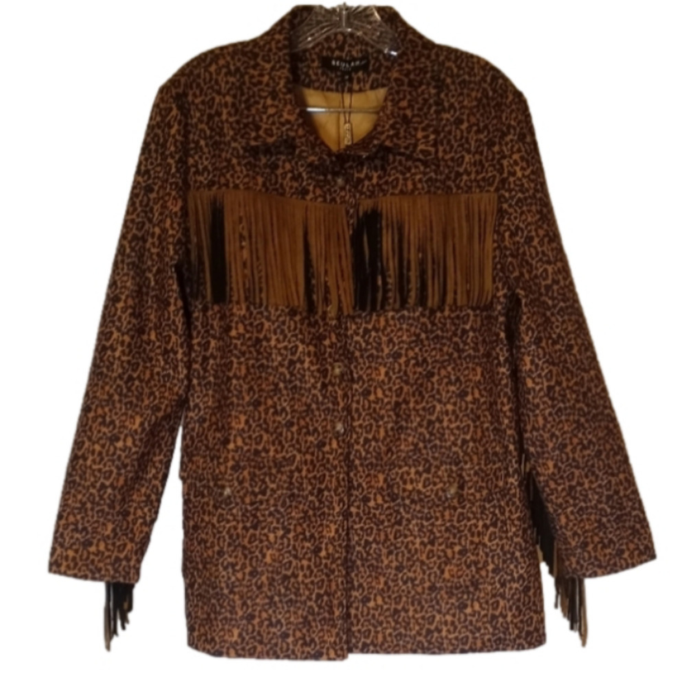 NWT BEULAH Western Leopard print & Fringe Button down belted jacket with pockets
